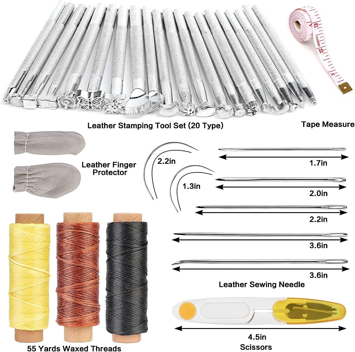 50 Pieces Leather Working Tools and Supplies with Leather Tool Box Prong Punch Edge Beveler Wax Ropes Needles Perfect for Stitching Punching