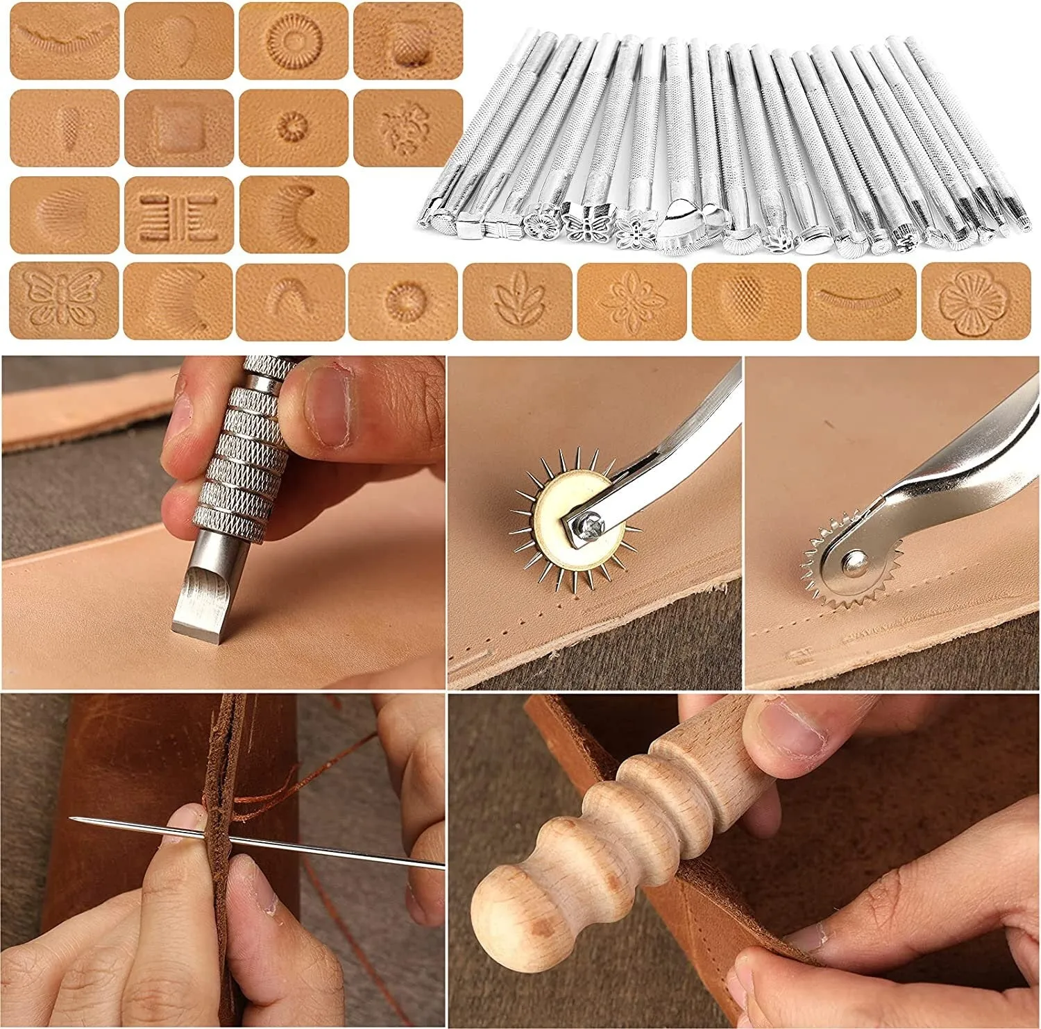 50 Pieces Leather Working Tools and Supplies with Leather Tool Box Prong Punch Edge Beveler Wax Ropes Needles Perfect for Stitching Punching