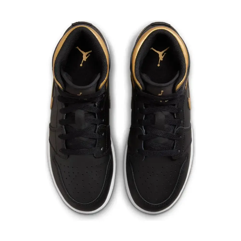 Air Jordan 1 Mid Black Metallic Gold Swoosh (Gs)