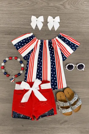 American Flag Striped Distressed Red Short Set