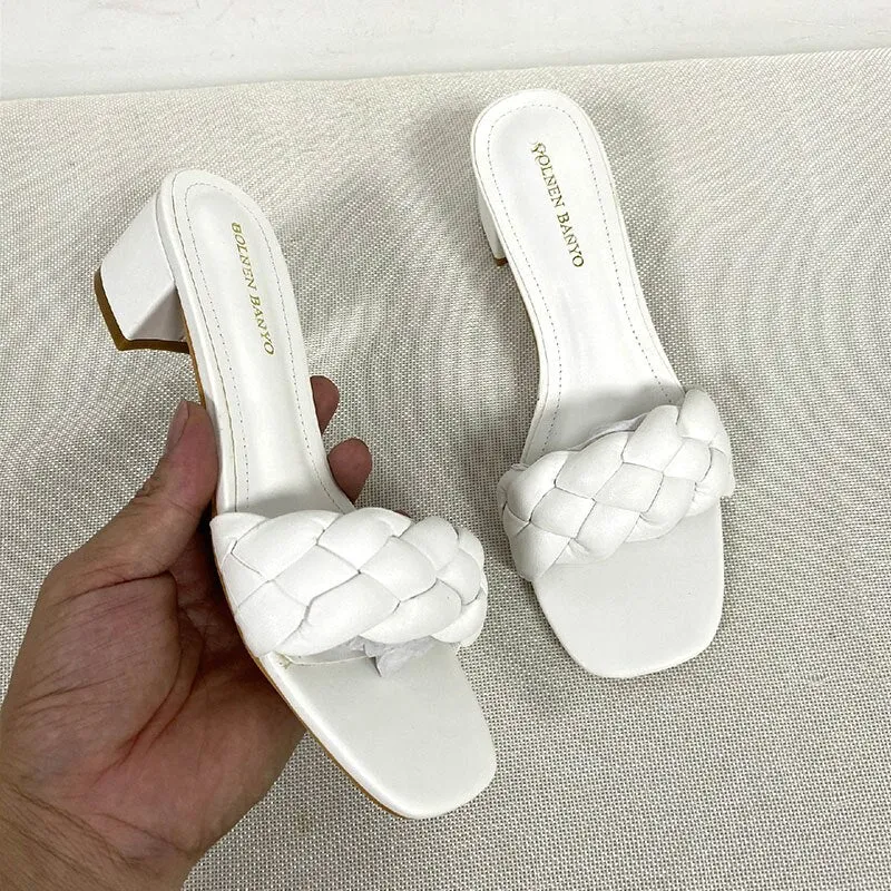 Amozae- 2024 New Summer Square Heel Women Slides Weave Solid Woman Fashion Outdoor Modern Slippers Outdoor Party Ladies Heel Shoes