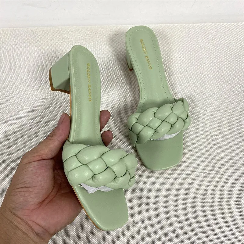 Amozae- 2024 New Summer Square Heel Women Slides Weave Solid Woman Fashion Outdoor Modern Slippers Outdoor Party Ladies Heel Shoes