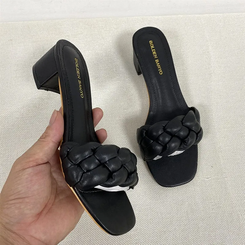 Amozae- 2024 New Summer Square Heel Women Slides Weave Solid Woman Fashion Outdoor Modern Slippers Outdoor Party Ladies Heel Shoes