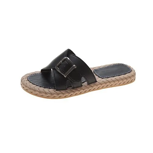 Amozae---Back To School   Women Summer Buckle Slippers Woman 2024 Hemp Casual Flats Ladies Comfort Home Footwear Female Outdoor Beach Shoes Plus Size