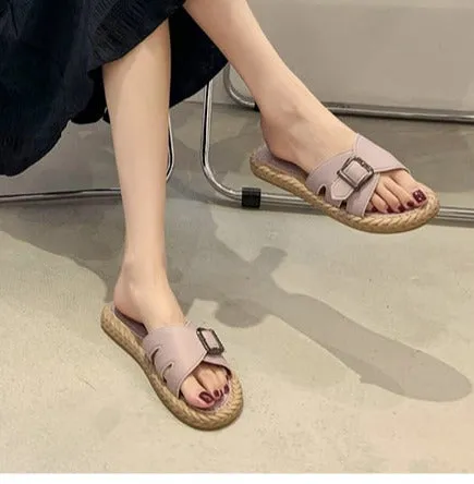 Amozae---Back To School   Women Summer Buckle Slippers Woman 2024 Hemp Casual Flats Ladies Comfort Home Footwear Female Outdoor Beach Shoes Plus Size