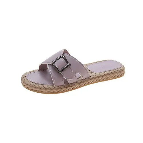 Amozae---Back To School   Women Summer Buckle Slippers Woman 2024 Hemp Casual Flats Ladies Comfort Home Footwear Female Outdoor Beach Shoes Plus Size