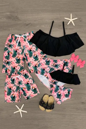 Black & Pink Tropical Family Swimsuits