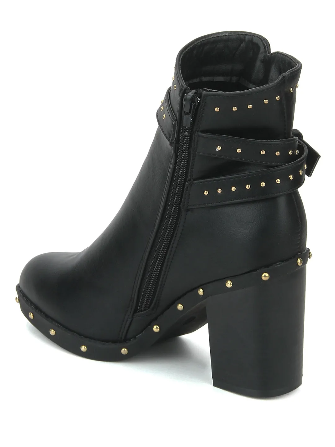 Black Pu Studded Buckle Block Heel Ankle Boots