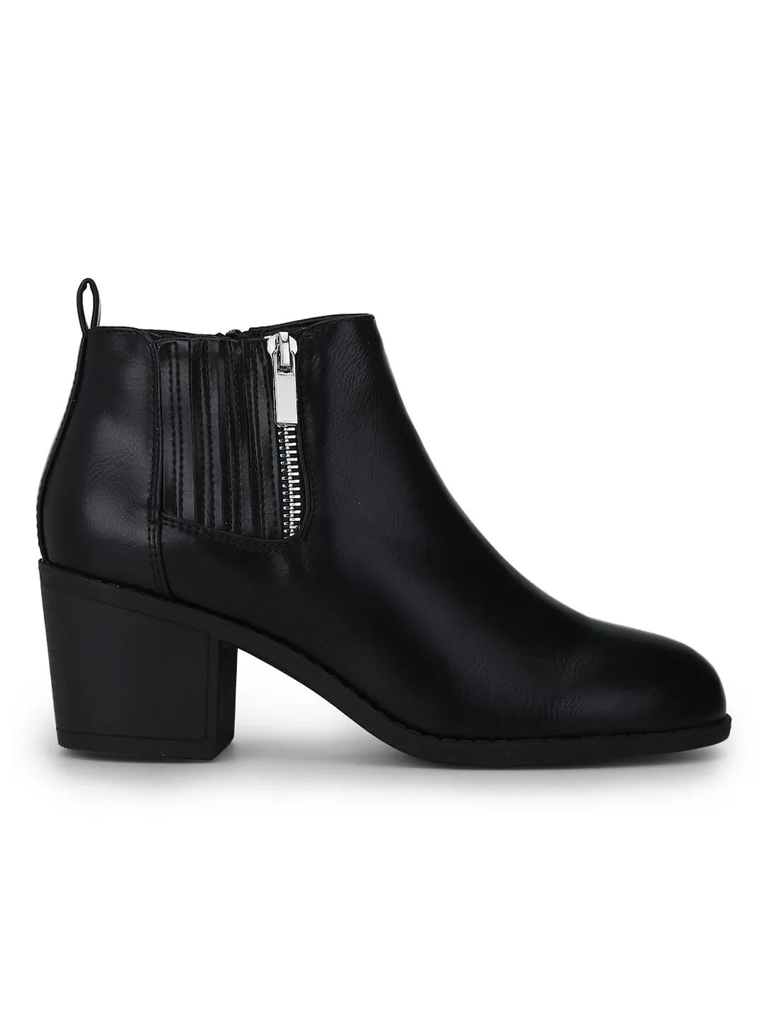 Black PU Zipper Low Block Heel Ankle Length Boots