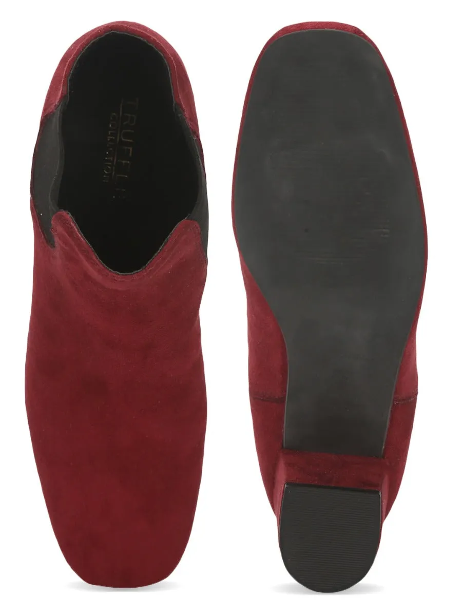 Burgundy Suede Slip On Ankle Boots