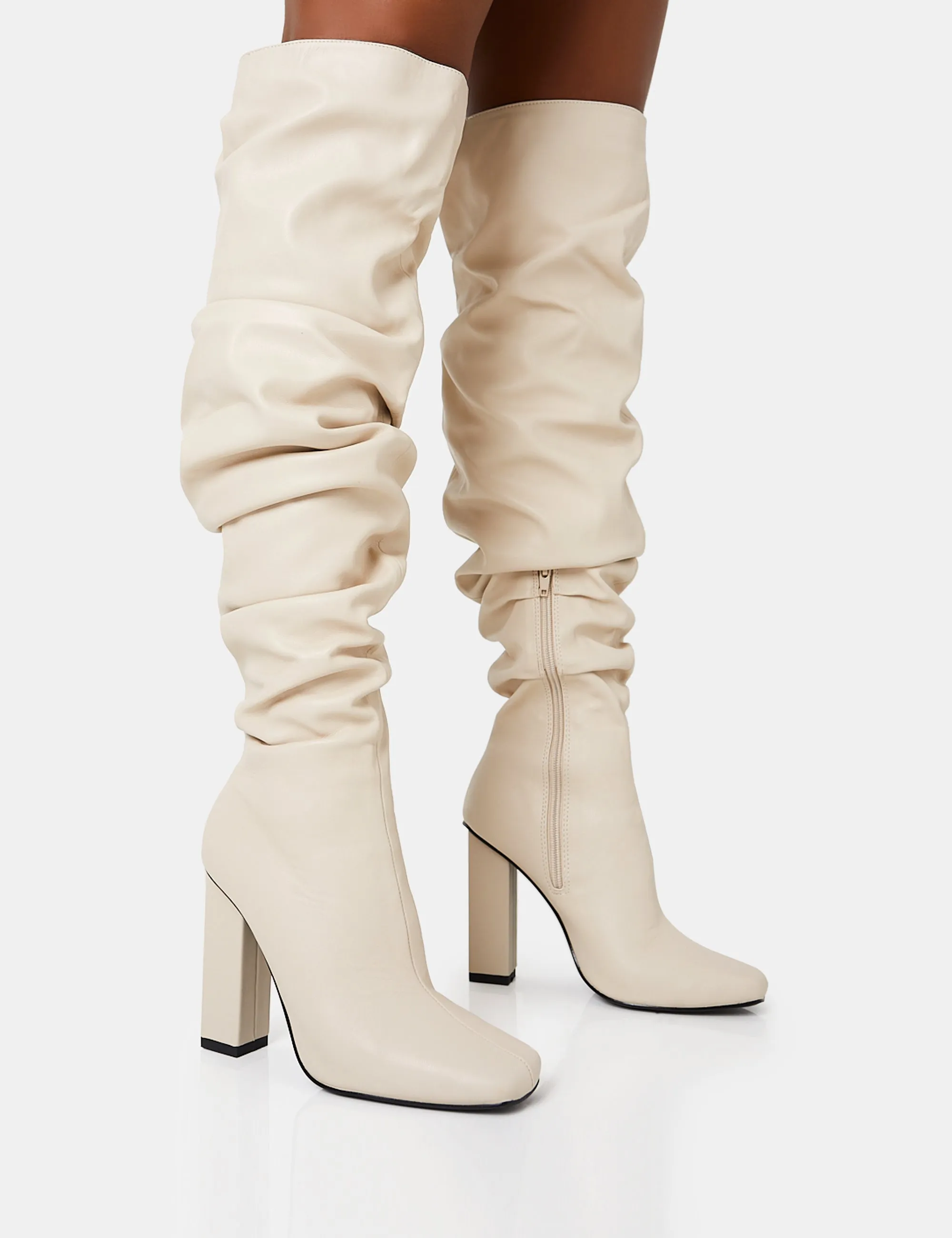 Cassia Ecru Square Toe Block Heel Over The Knee Boots