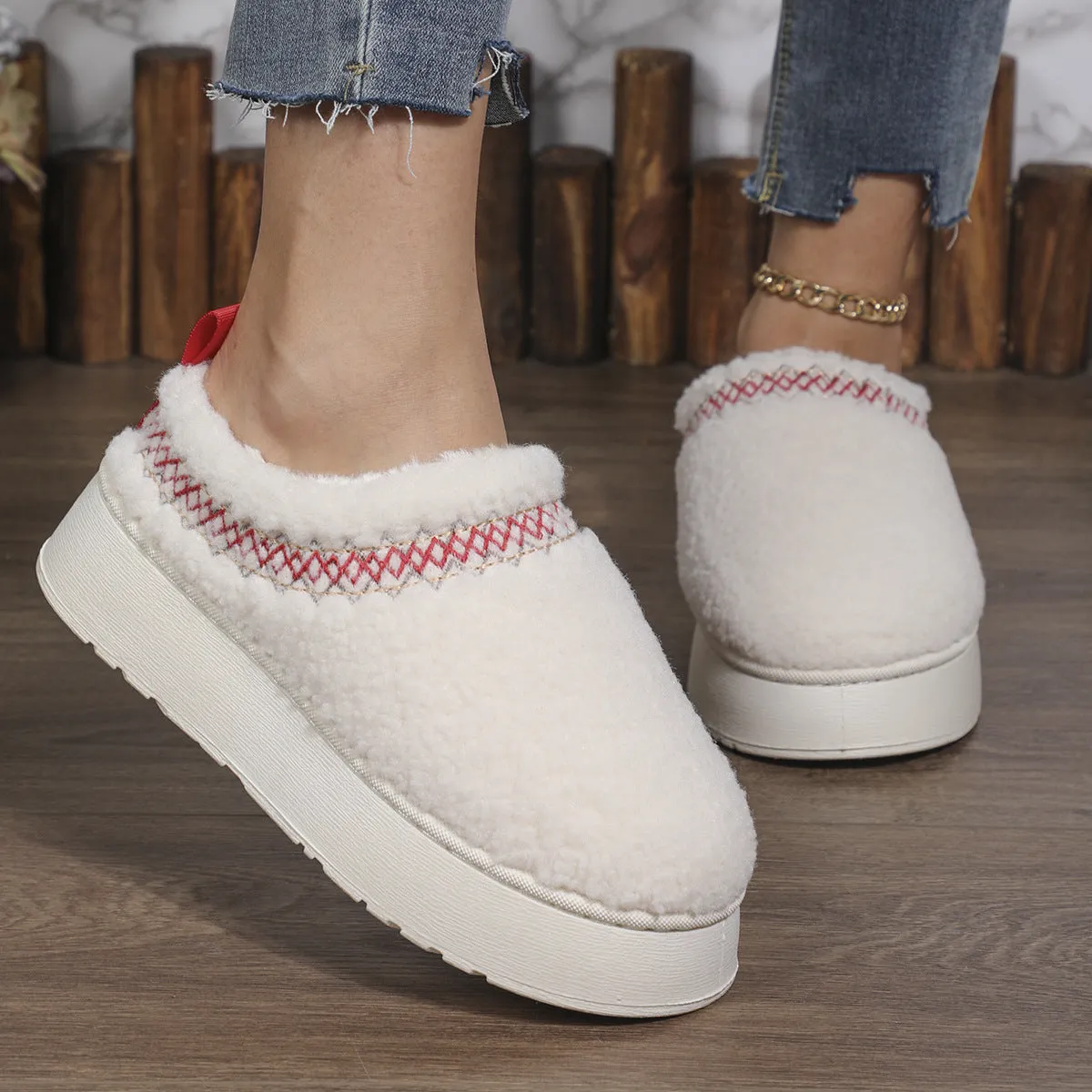 Decorative Stitch Plush  Thick-soled Indoor Outdoor Slippers