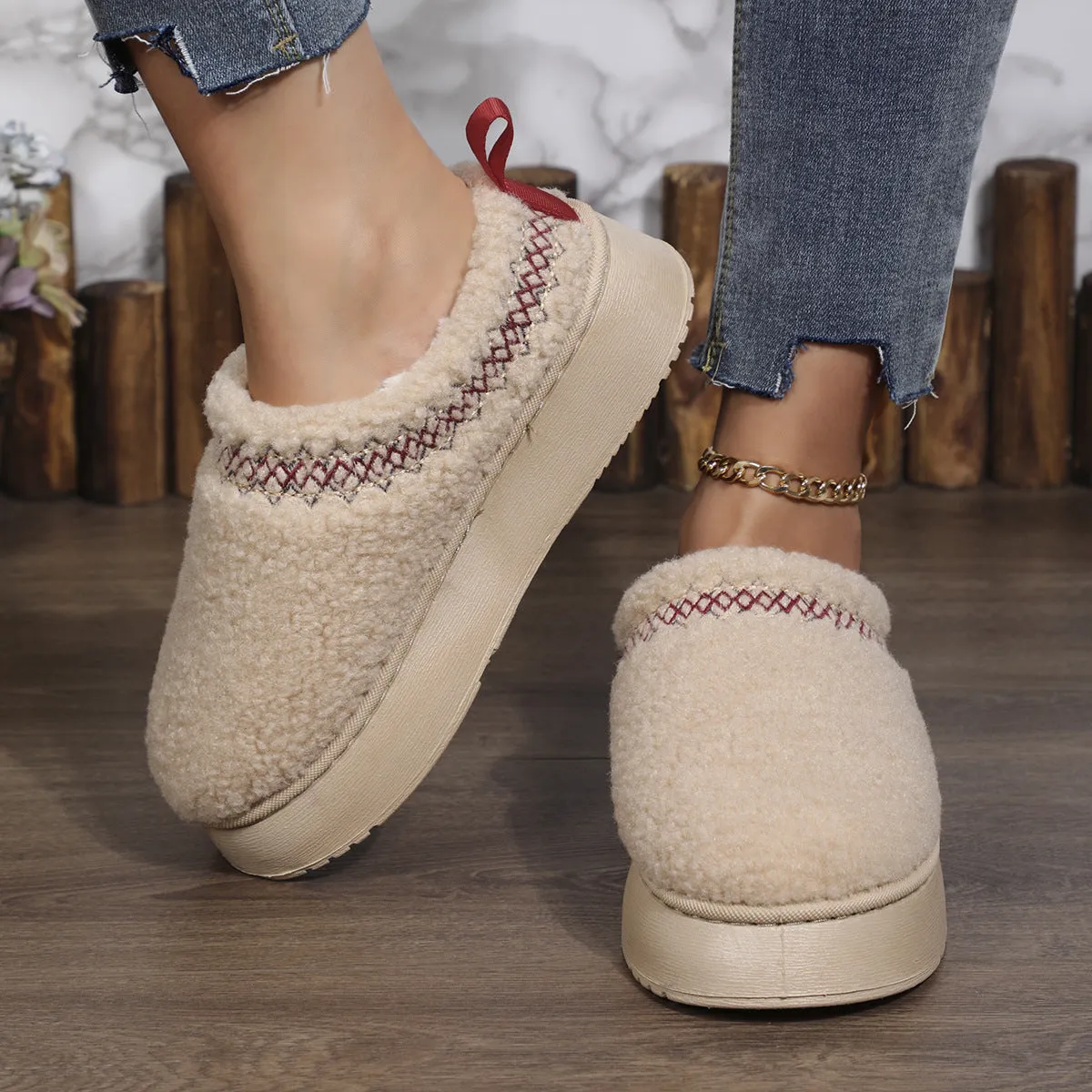 Decorative Stitch Plush  Thick-soled Indoor Outdoor Slippers