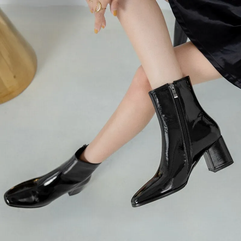 Dropshipping Autumn Women Fashion Square High Heels Zapatos De Mujer White Patent Leather Shoes Ankle Boots Black Woman Zipper