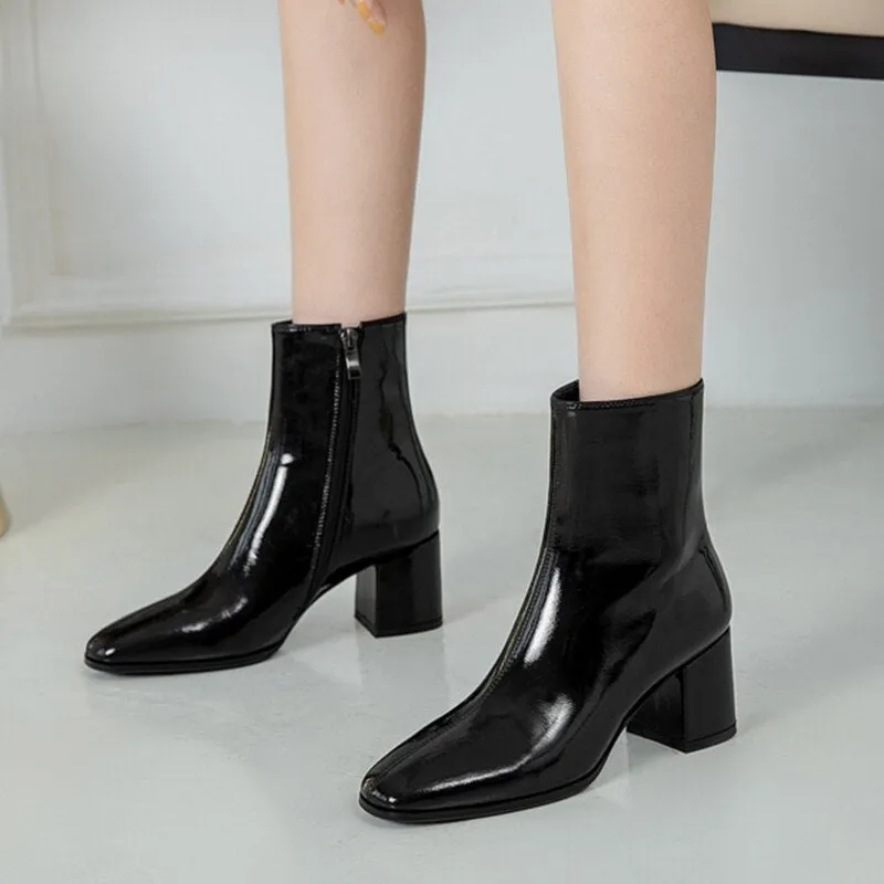 Dropshipping Autumn Women Fashion Square High Heels Zapatos De Mujer White Patent Leather Shoes Ankle Boots Black Woman Zipper