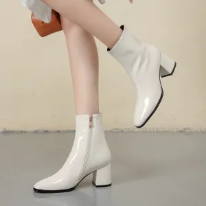 Dropshipping Autumn Women Fashion Square High Heels Zapatos De Mujer White Patent Leather Shoes Ankle Boots Black Woman Zipper