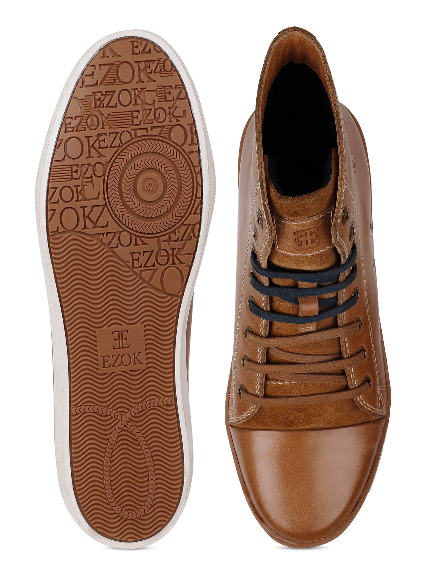 Ezok Brown Lace-ups Leather Sneakers For Men