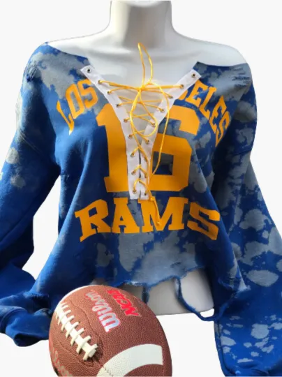 Handmade Los Angeles 16 Rams Royal Blue Bleached Yellow Gold Distressed Lace Up Sweatshirt