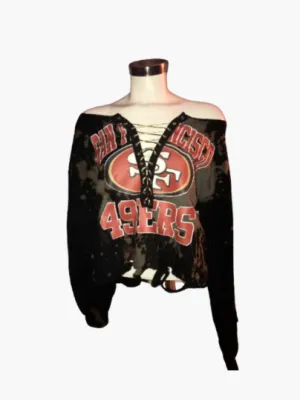 Handmade San Francisco 49ers Black Bleached Old Gold Satin Lace Up Sweatshirt