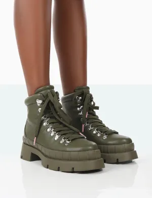 Hike There Khaki Pu Lace Up Chunky Sole Winter Boots