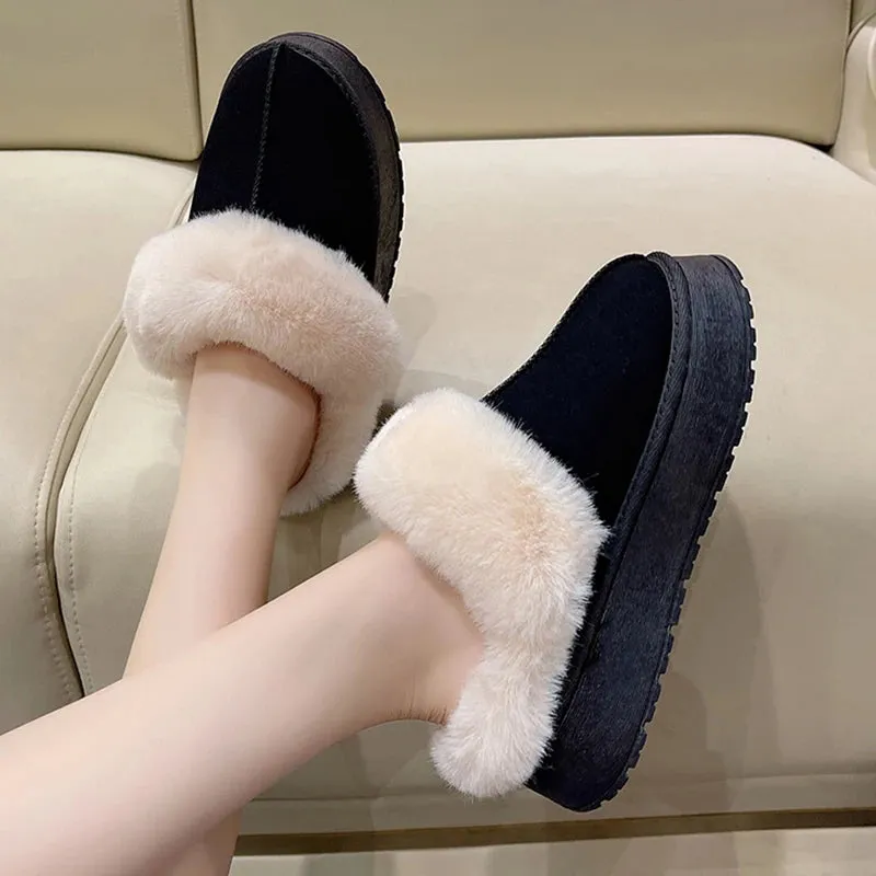 Hnzxzm Women Thick Sole Faux Fur Slippers Winter Plush Warm Cotton Shoes Woman Indoor Outdoor Non Slip Fluffy Platform