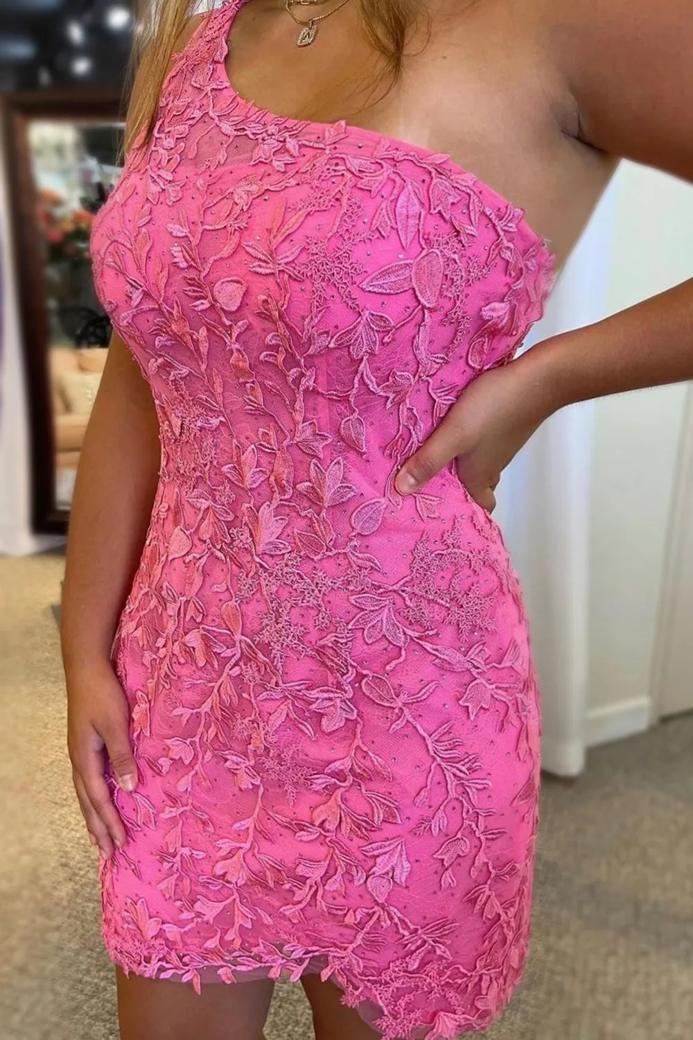 Hot Pink One Shoulder Short Homecoming Dress with Appliques Club Dresses