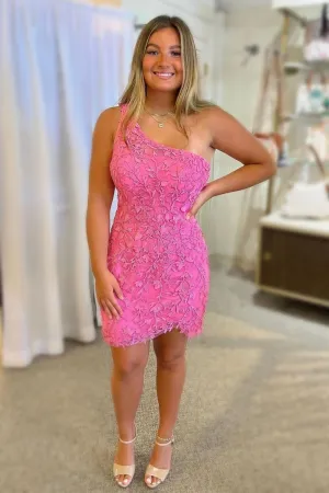 Hot Pink One Shoulder Short Homecoming Dress with Appliques Club Dresses