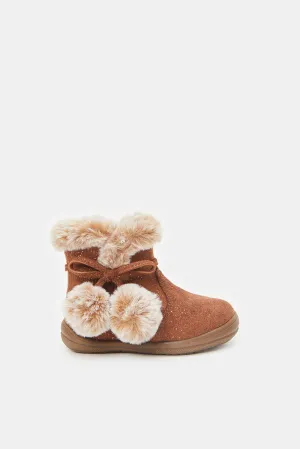 Infant Girls Brown Pom Pom Ankle Boots