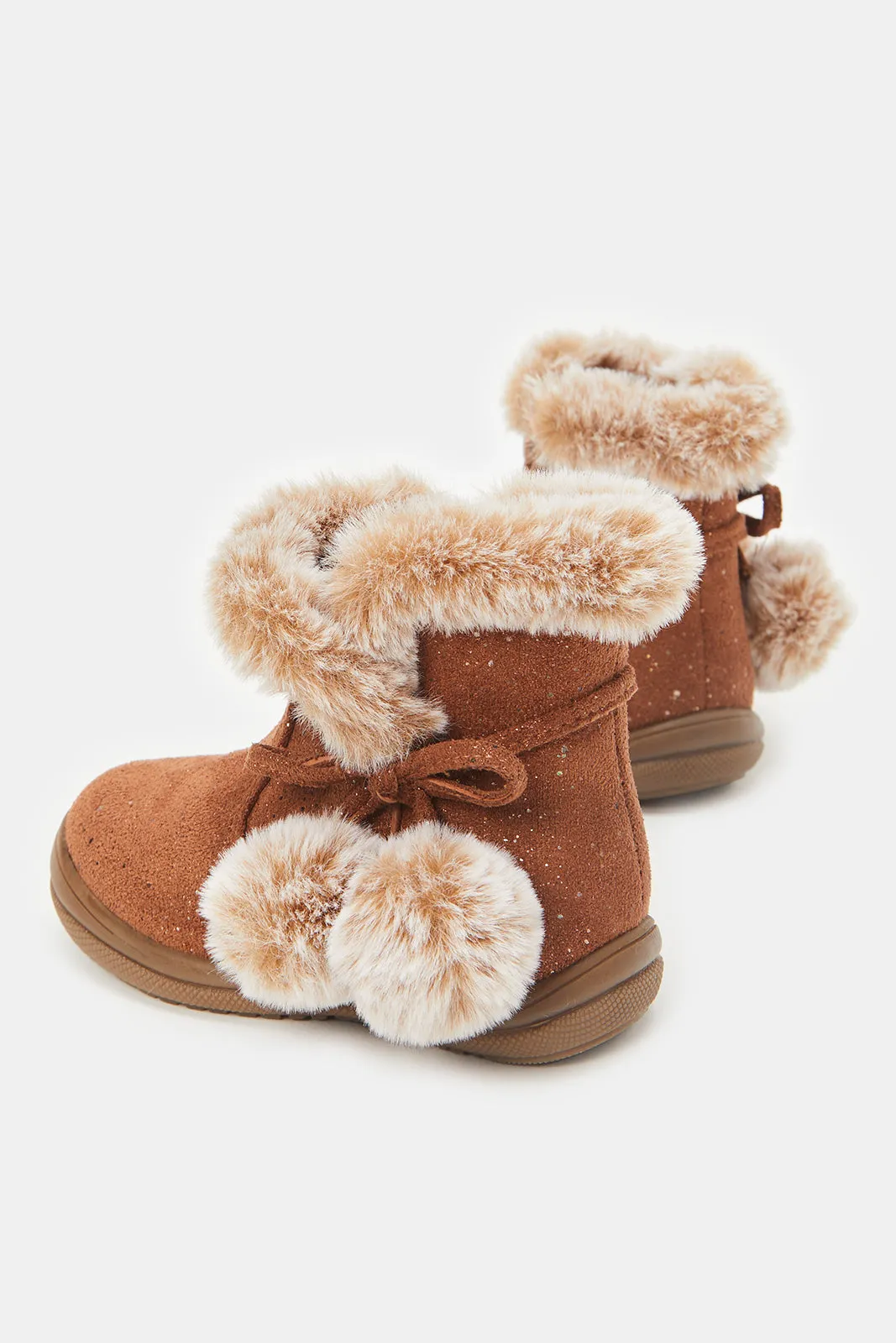 Infant Girls Brown Pom Pom Ankle Boots