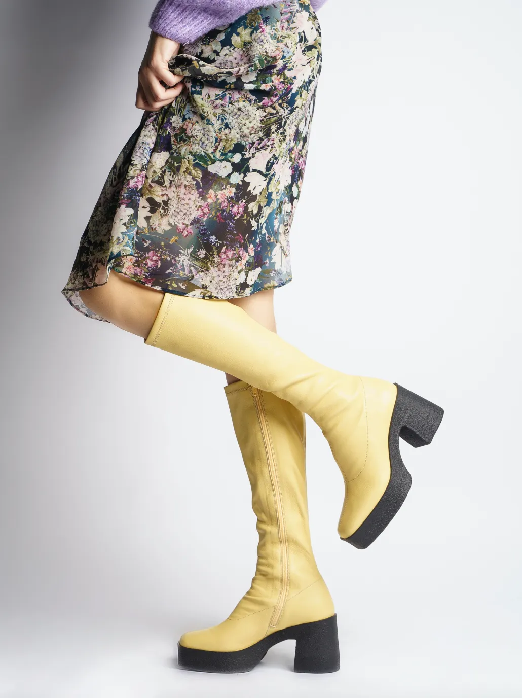 Izumi Pastel Yellow Stretch Leather Chunky Boots