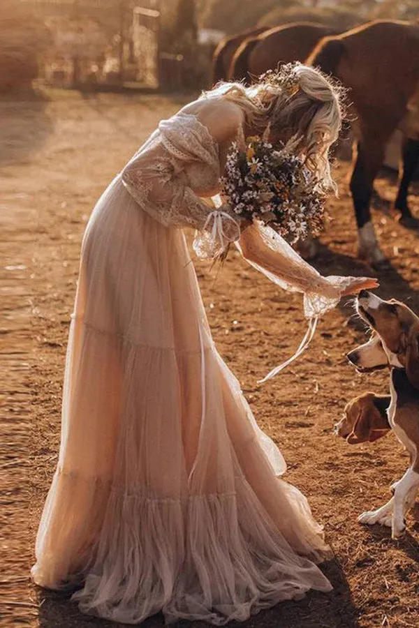 Light Brown Long Sleeve Boho Wedding Dress Rustic Wedding Dress WD741