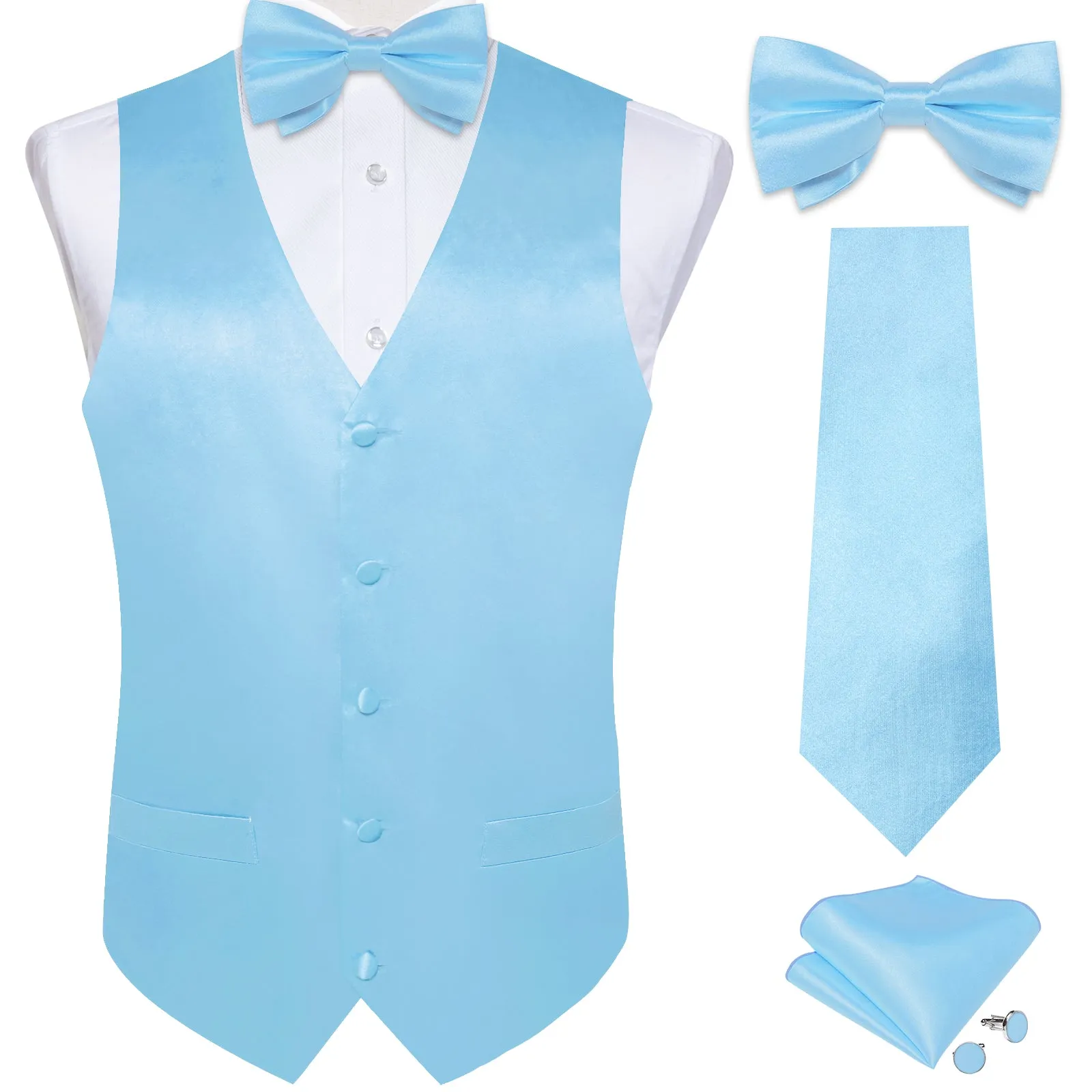 LightSkyBlue Solid Silk Men's Vest Hanky Cufflinks Bow Tie Set