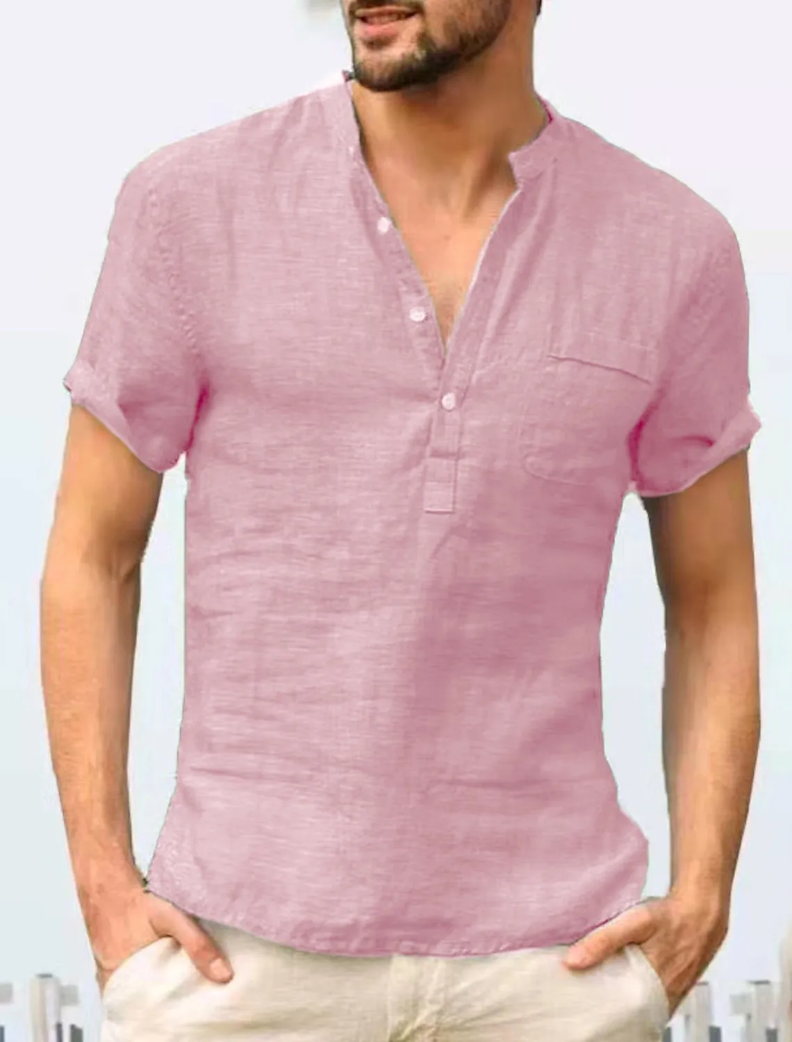 Men's Linen Solid Colored Classic Pocket Short Sleeve Shirt