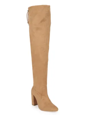 Nude Suede Block Heel Thigh High Boots