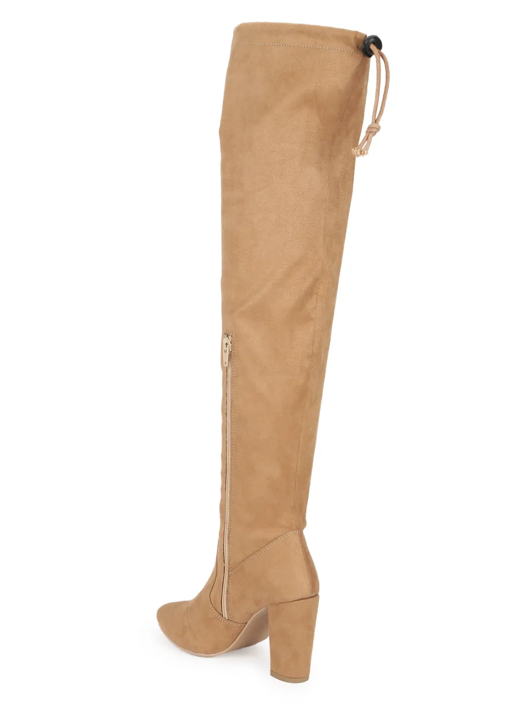 Nude Suede Block Heel Thigh High Boots