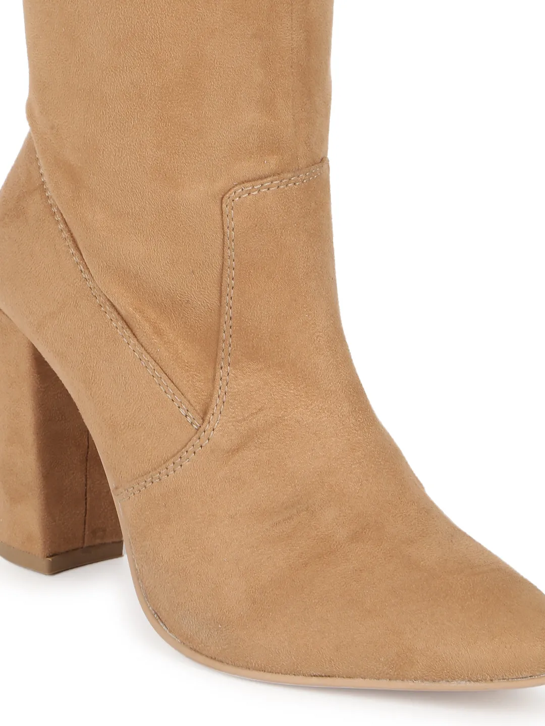 Nude Suede Block Heel Thigh High Boots