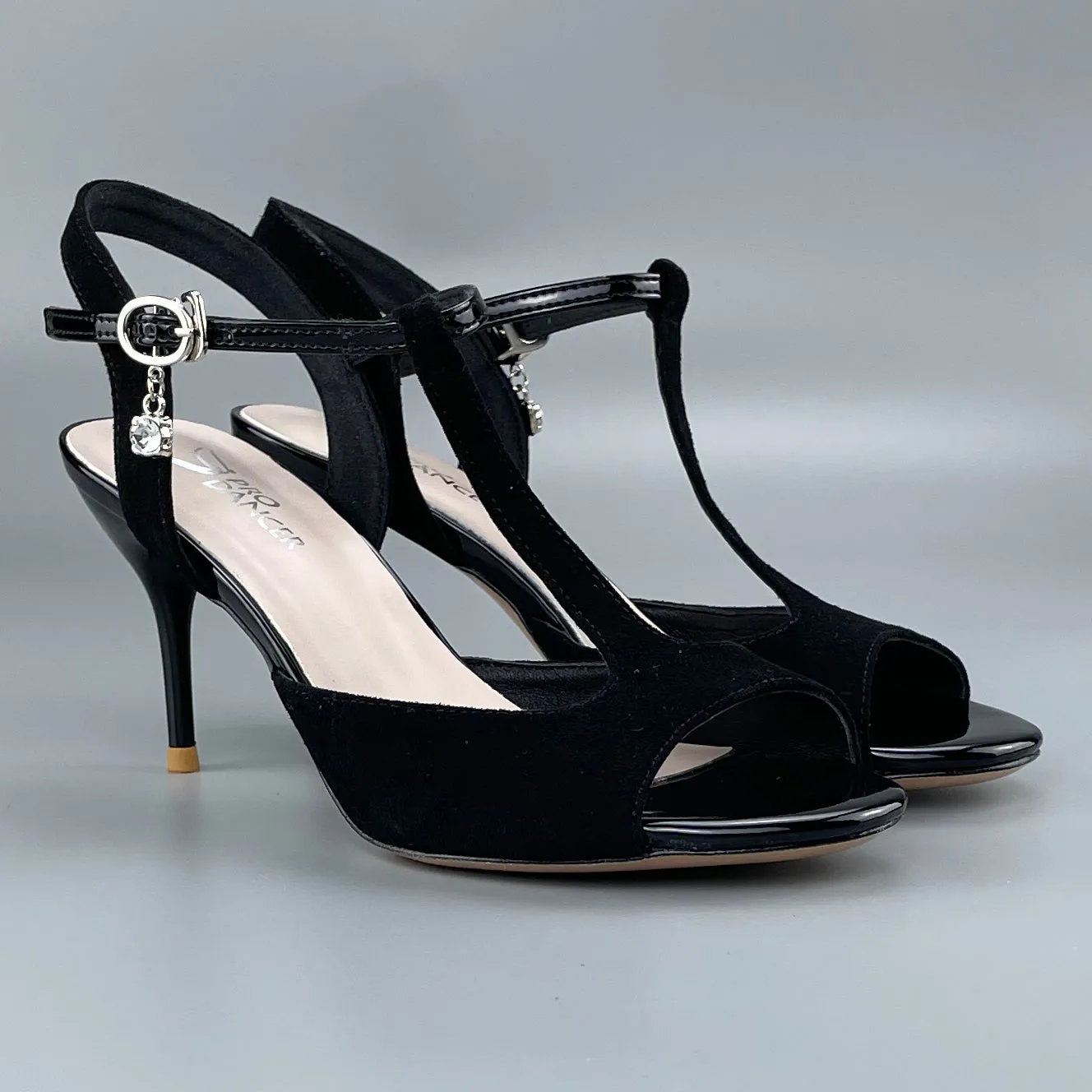 Open-toe and Open-back Argentine Tango Shoes High Salsa Heels Hard Leather Sole Sandals Black