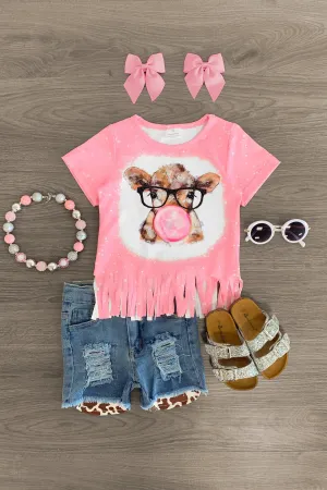 Pink Bubblegum Cow Denim Short Set