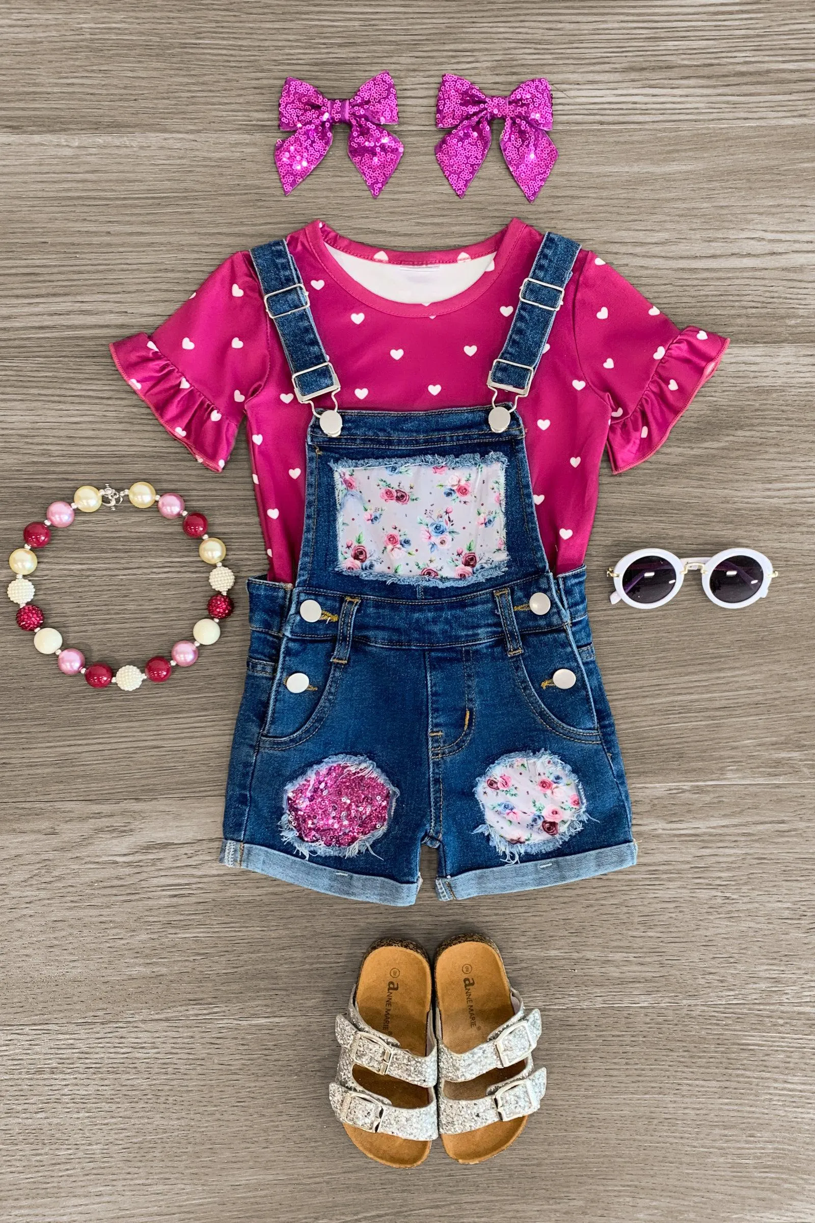 Plum Polka Dot Heart Denim Overall Set