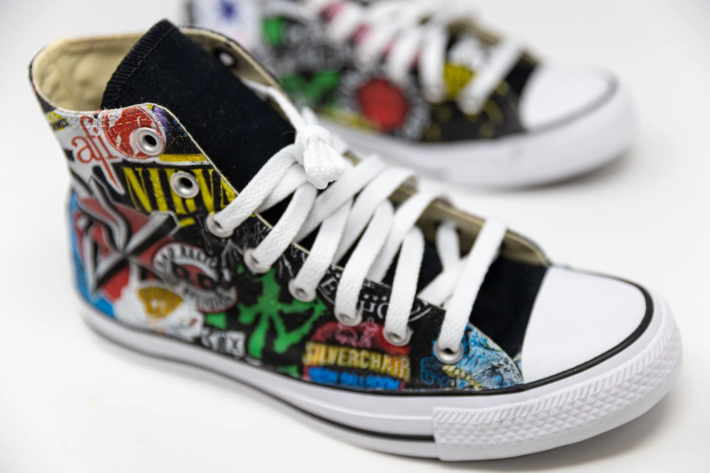 Punk Rock and Roll Alternative Band Stickers Custom Converse High Top Sneakers