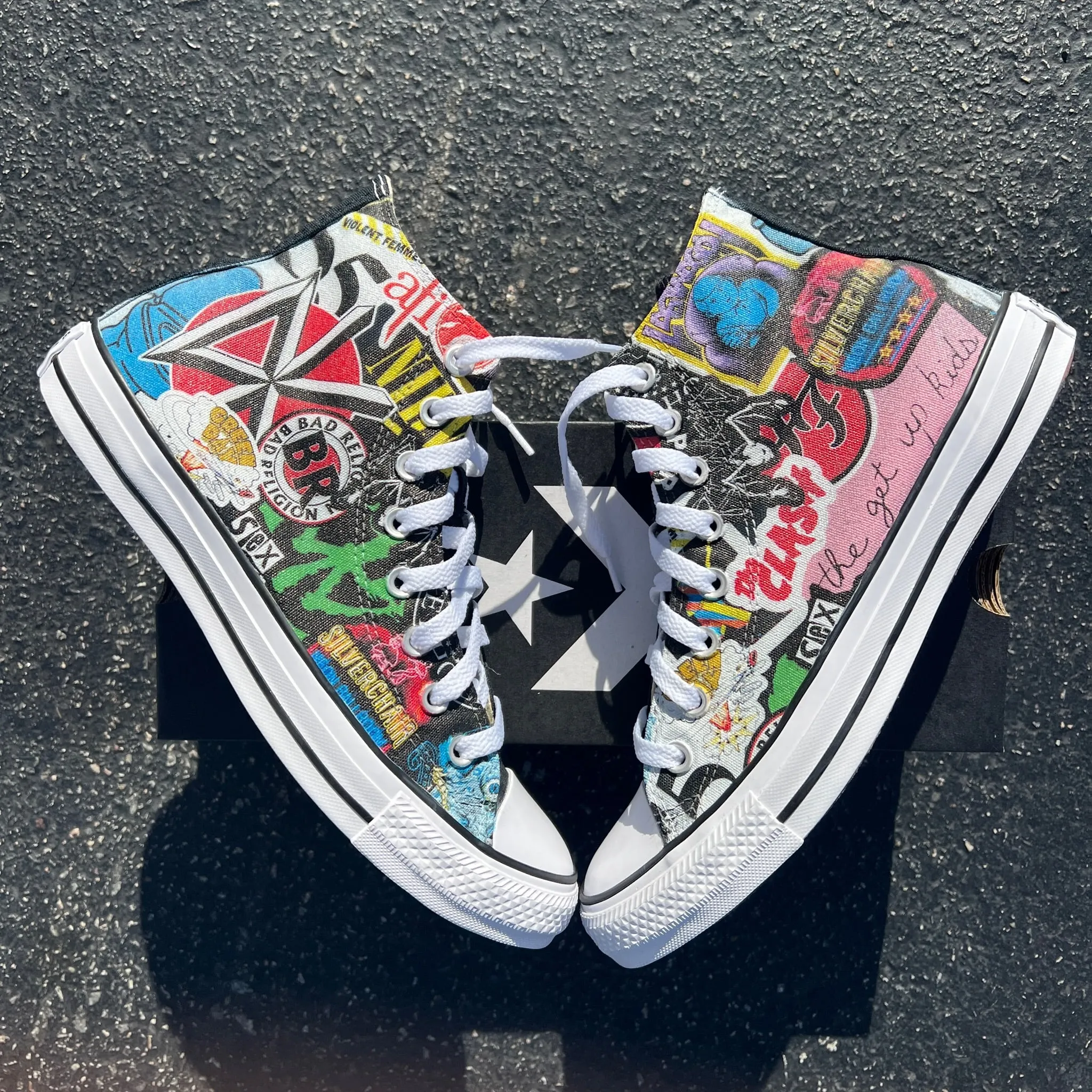 Punk Rock and Roll Alternative Band Stickers Custom Converse High Top Sneakers