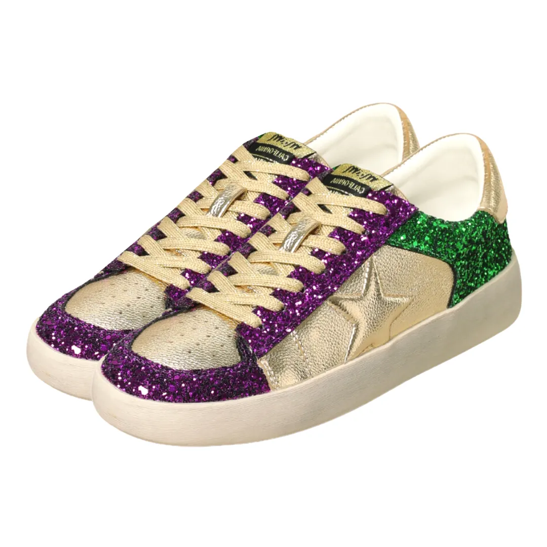 Purple, Green, & Gold Mardi Gras Sparkly Star Sneakers (Each)