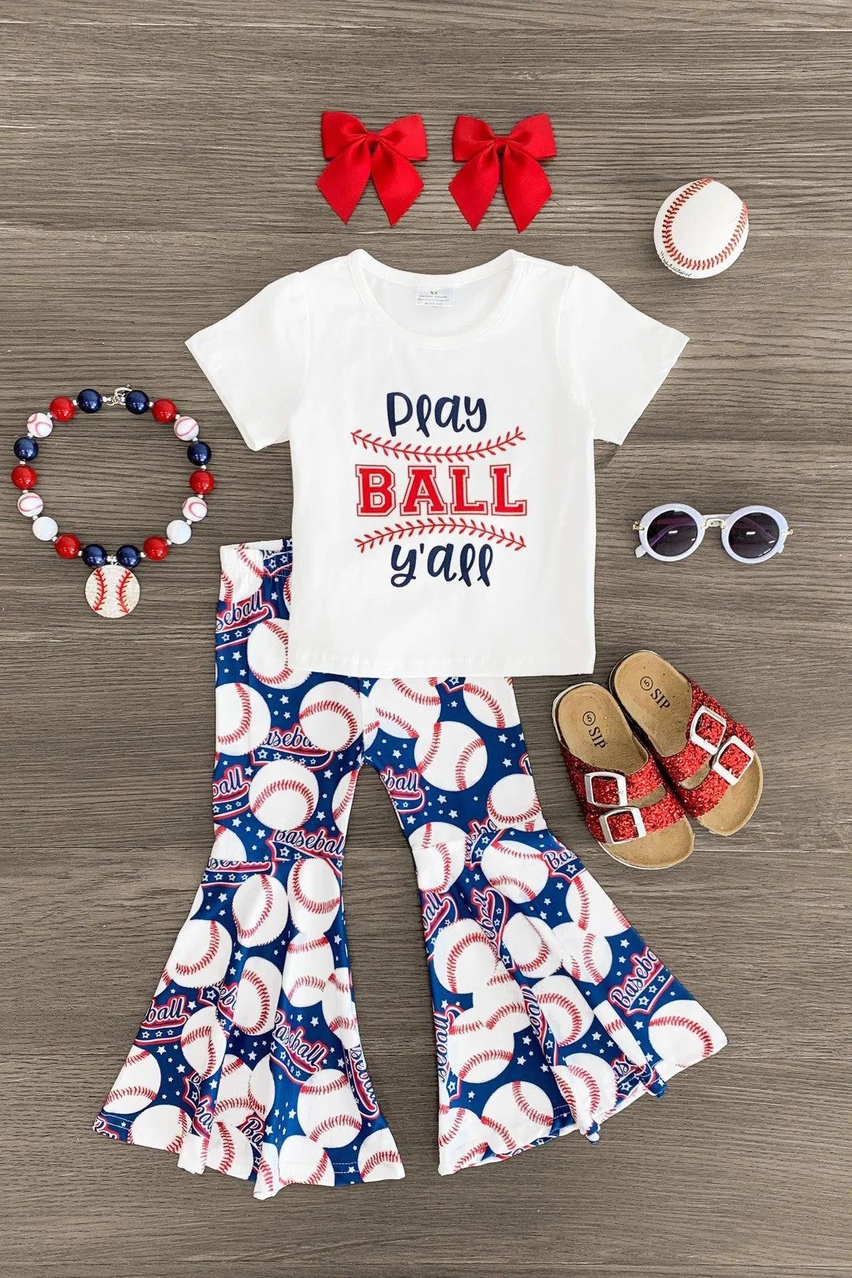 "Play Ball Y'all" Red, White, & Blue Bell Bottom Set