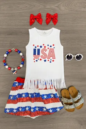 "USA" Fringe Tank Top Sequin Skirt Set