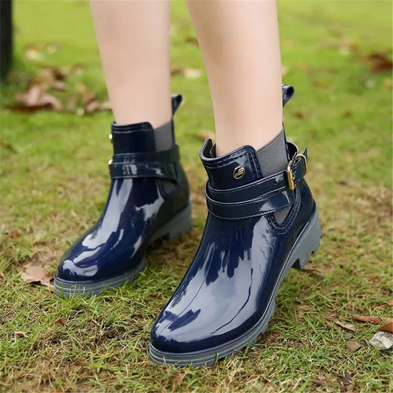 Rain Boots Women Leather Pu Ankle Bootie Waterproof Rubber Walking Shoes Girls Fashion Ladies Winter Shoes for Outdoor Rainy Day