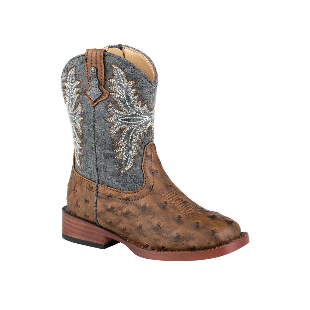 Roper Footwear Boy's Brown Vamp Navy Shaft Ostrich Print Boot