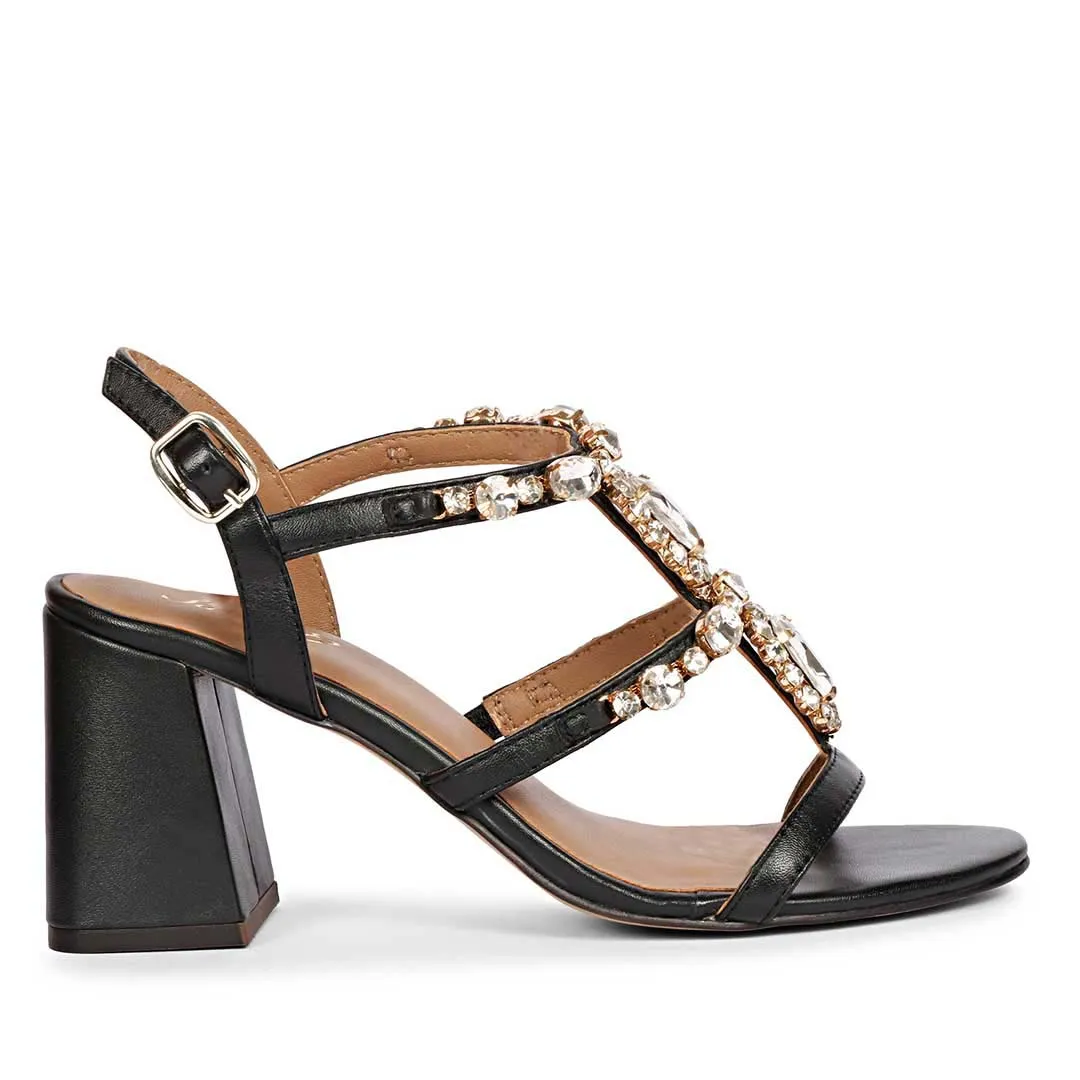 Saint Enriqueta Stone Adorned Black Leather Block Heels