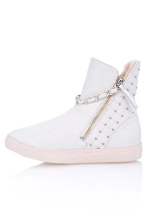 Schutz Women's Abba White Leather Fur Lined High Top Ankle Bootie Sneakers