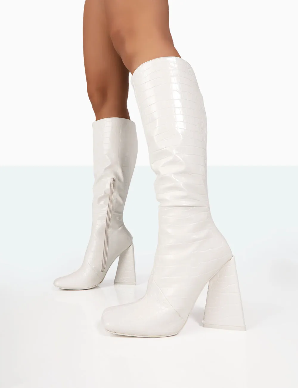 Senna White Croc Pu Knee High Block Heel Boots