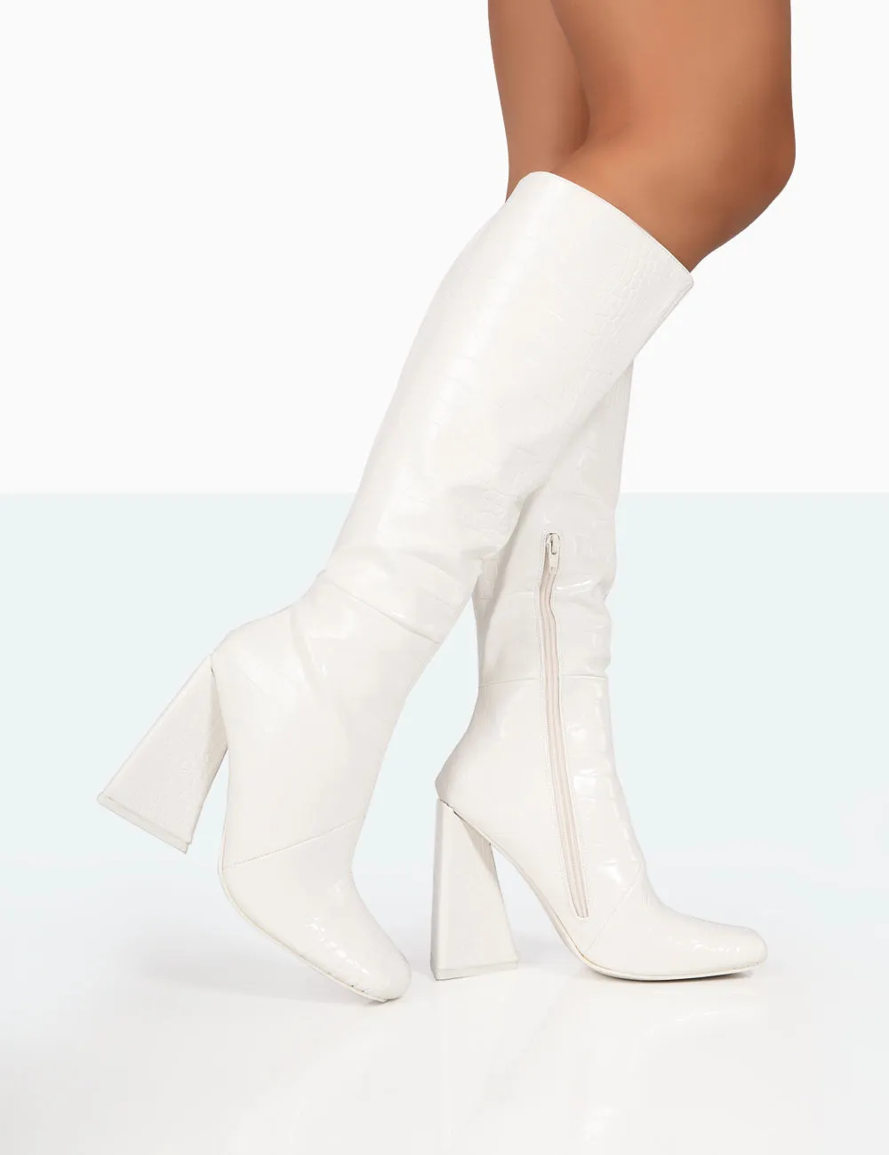 Senna White Croc Pu Knee High Block Heel Boots